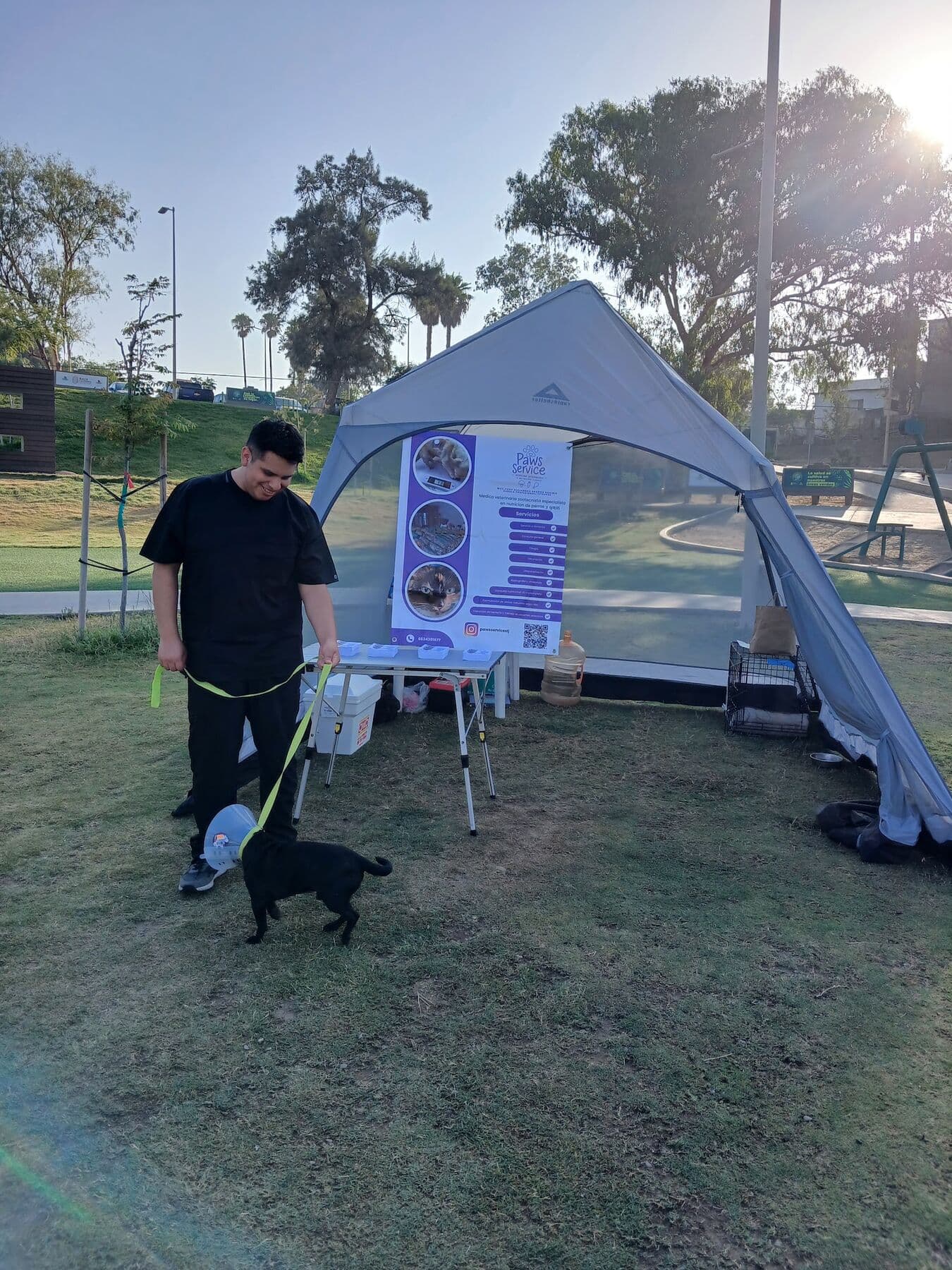 Una carpa y una mesa con folletos en un parque al atardecer, con una persona y un perro negro enfrente.